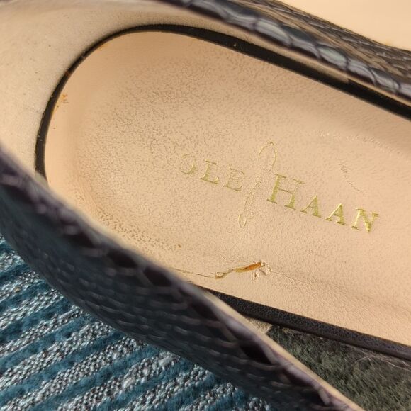 Cole Haan Morgan Peep Toe Ballet Flats Black Leather Uppers Embossed Snakeskin - Picture 11 of 16